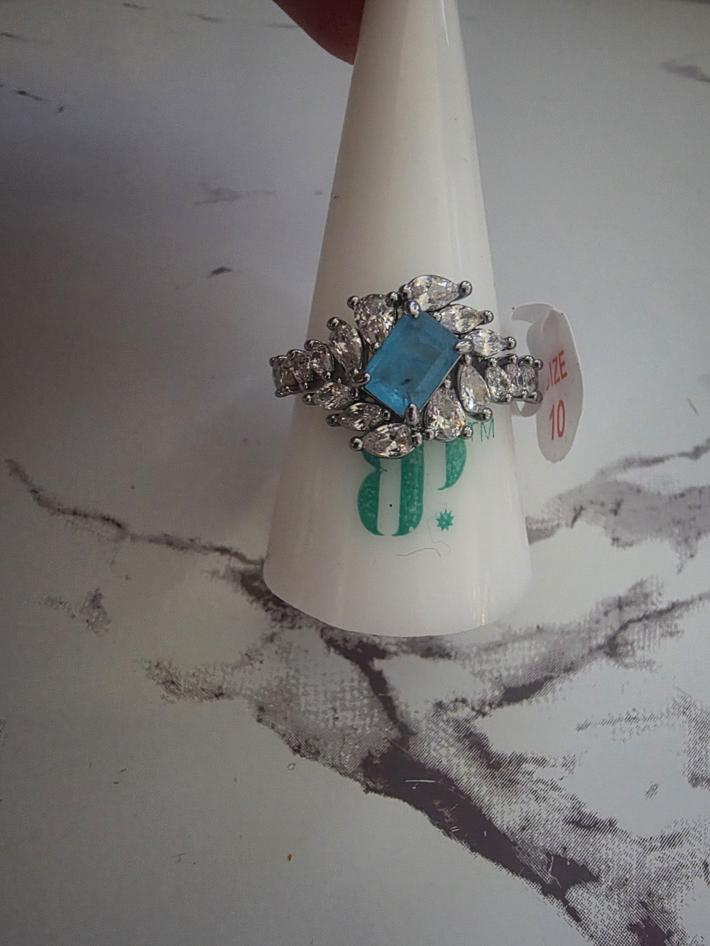 bp Blue Rectangular Gemstone Ring with Clear Accents